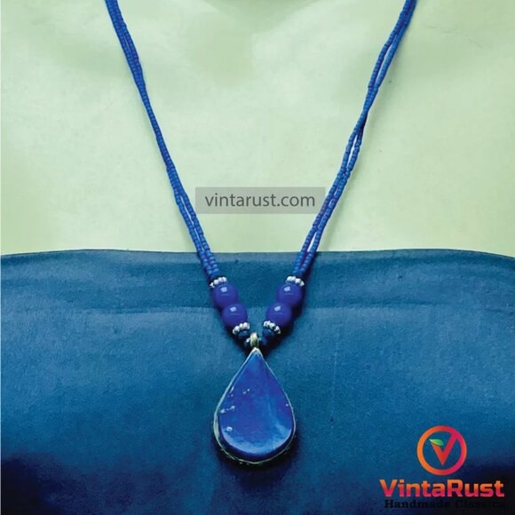 Lapis Lazuli Tear Drop Pendant Necklace: Beaded Gemstone Jewelry - Picture 4 of 11